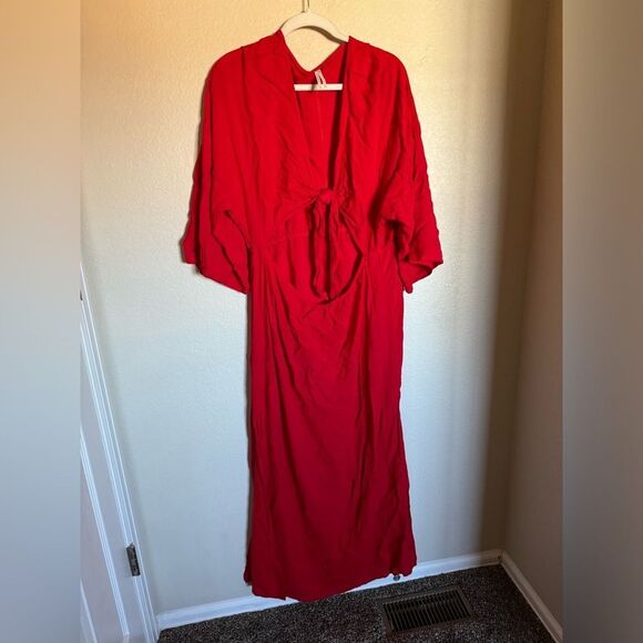 Anthropologie Cut Out Tie Front Cover up Maxi Dress Sz XL in Red - Picture 3 of 7